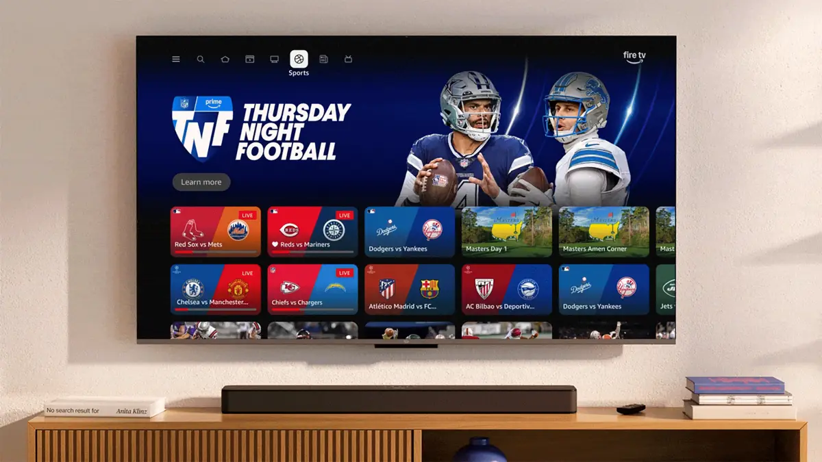 Fire TV sports interface displayed on a living room TV