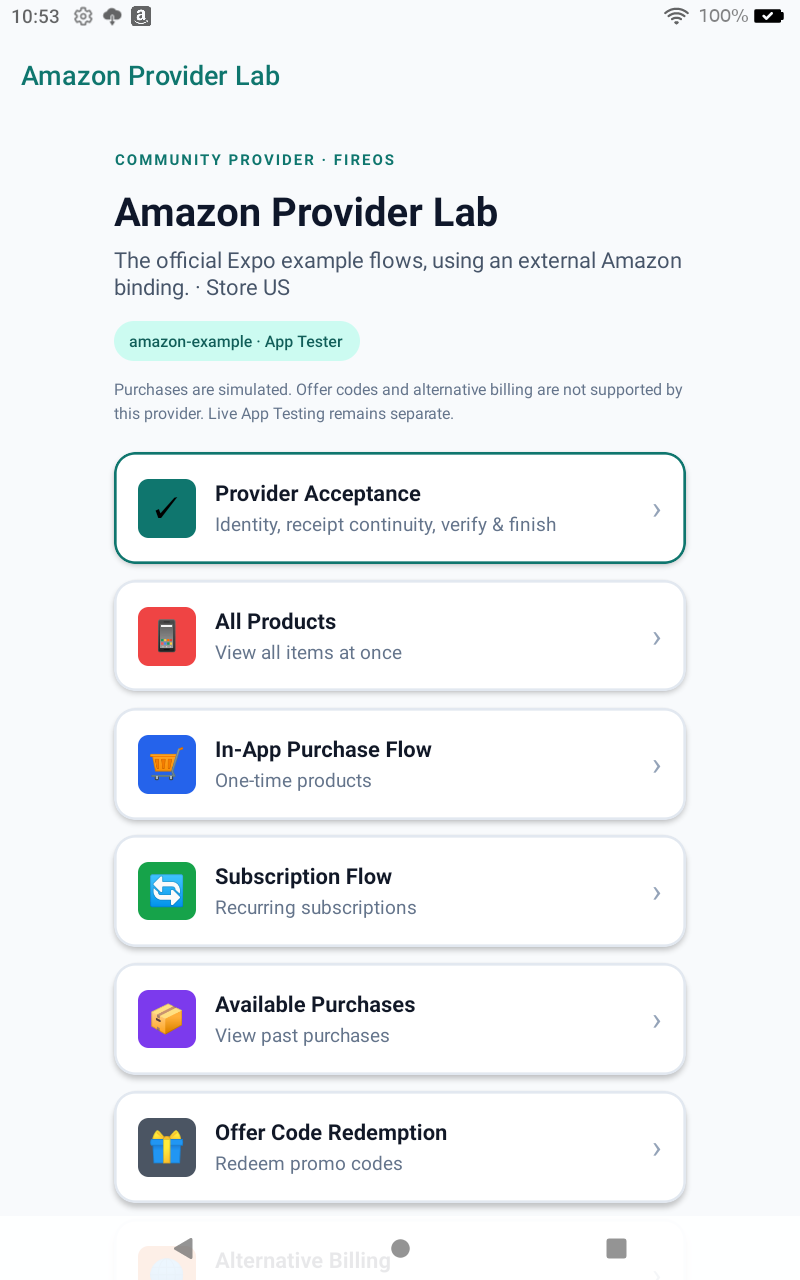 Amazon Provider Lab on a Fire tablet: Same example, new provider